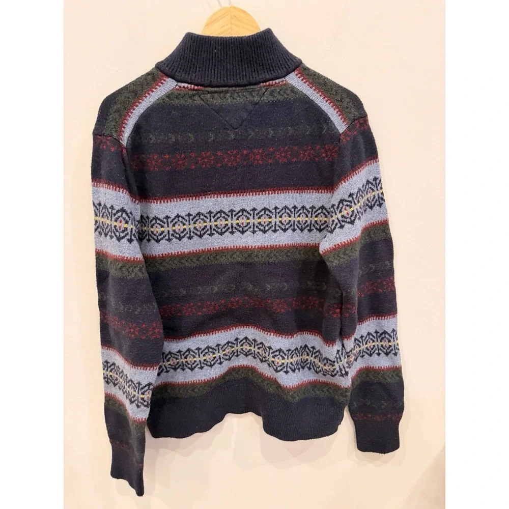 Tommy Hilfiger Men's Fair Isle Knit Sweater L Blue Mock‎ Neck Button Pullover